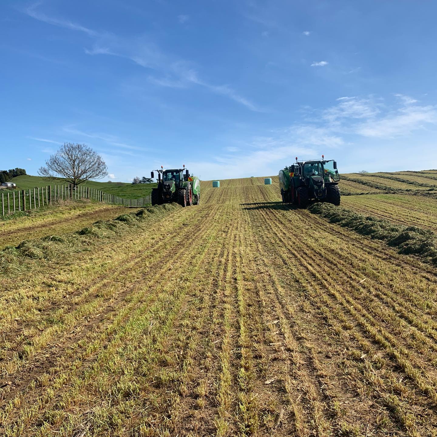 Two Fendt tractors towing balers across a freshly mown grass silage paddock under a blue sky